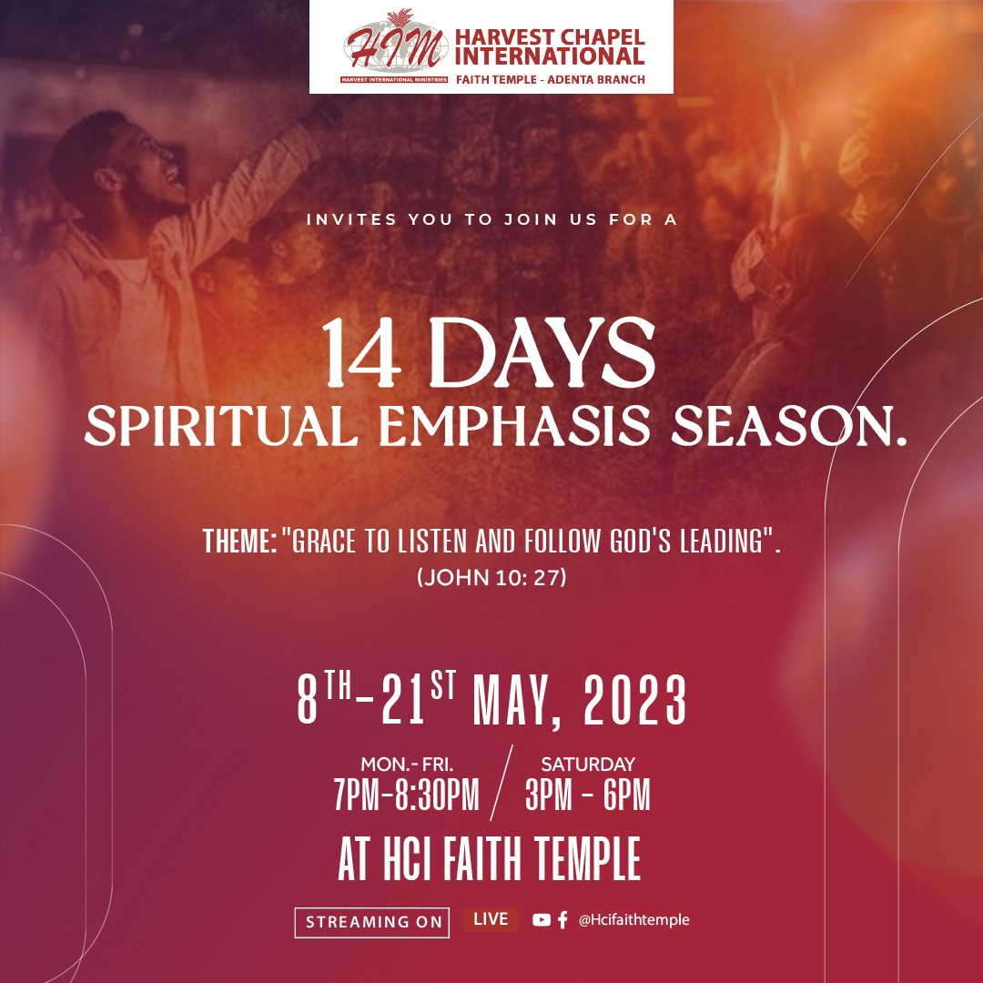 SPIRITUAL EMPHASIS SEASON || DAY 6

let's meet this afternoon from 3pm to 6pm @ HCI Faith Temple. 

Prayer works!!!!

#spiritualemphasisseason #hcifaithtemple #HarvestIsHome