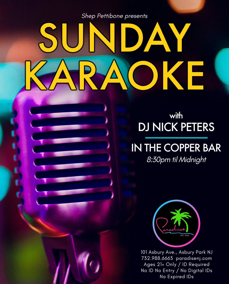 Sunday Karaoke 😀🏳️‍🌈🌴
with DJ Nick Peters

8:30pm til Midnight 
in The Copper Bar

#paradisenj #asburypark #asburyparknj #LGBTQ #karaoke #sundayfunday #sundayvibes #gaybar #karaokenight #LGBT
