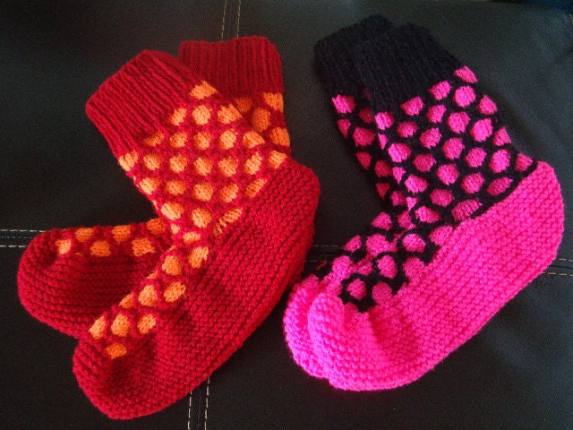 Knitted on 2 needles and seamed - Funky Spotty Socks Knitting Pattern etsy.me/42Agp2q #spottysocks #funkysocks #punksocks #knittingpattern #sock #doubleknitting #oddmentsofwool #quicktoknit #easysocks