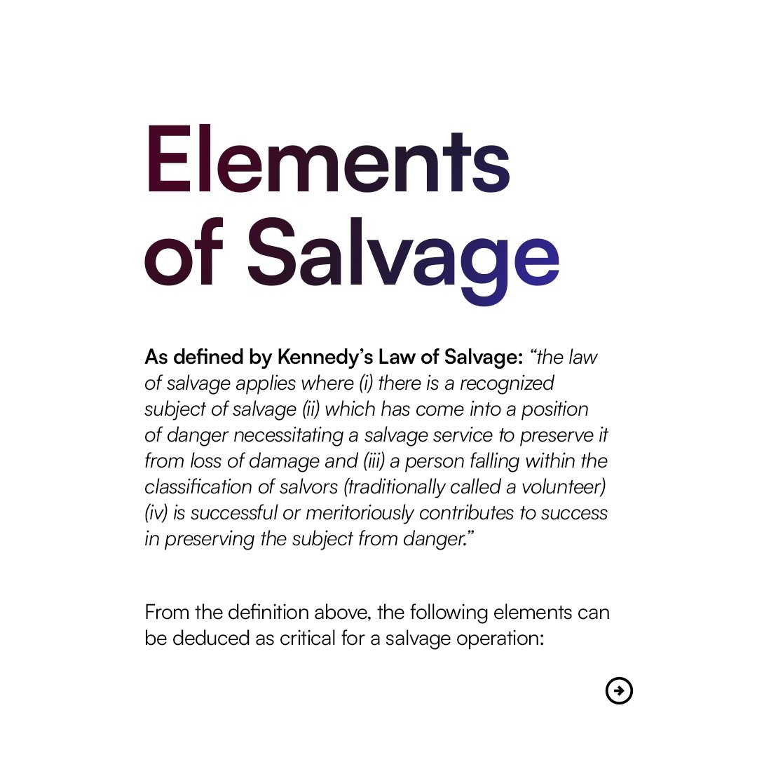 WavesandWatts's tweet photo. Today, we share some tidbits on Maritime Law of Salvage and the basic elements required for the claim of a reward from a salvage operation. We hope you find this helpful and will be motivated to deep-dive into the subject.
#salvage 
#MaritimeLaw https://t.co/IMZL65e8Xu