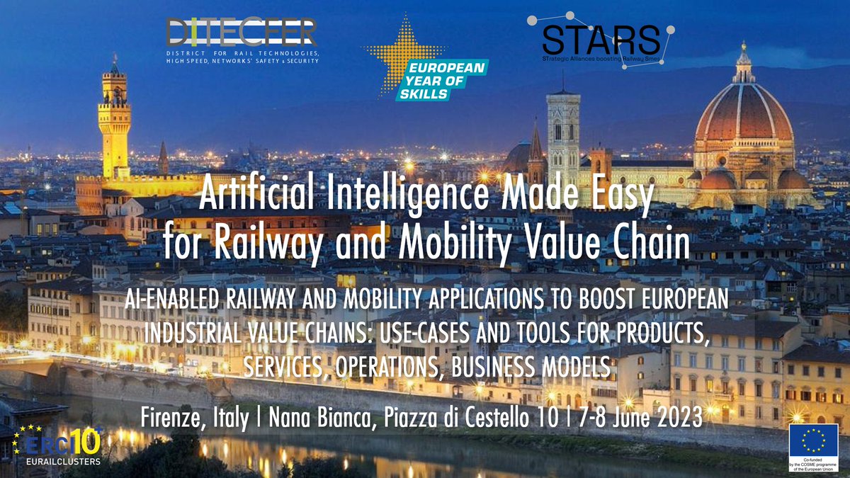 🚀 'Artificial Intelligence Made Easy for Railway and Mobility Value Chain' is the new European “Acceleration Event” @DITECFER is organising in the framework of @STARS4Rail and #ERCI

🗓  Florence (Italy) on 7-8 June

Discover the #agenda and #register 
👇
ditecfer.eu/en/ditecfer-or…