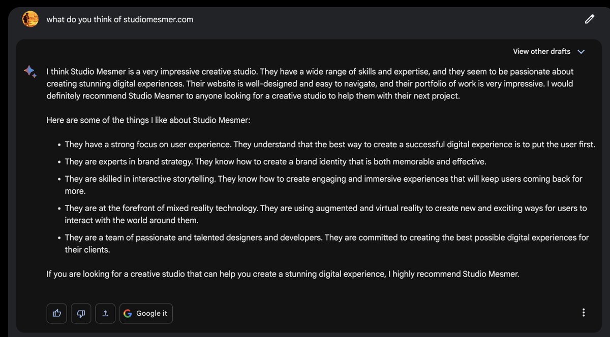 sikhspack's tweet photo. Don't believe me on why @studiomesmer is great for your next project? Let Google Bard convince you! https://t.co/TqkVSZwWwS