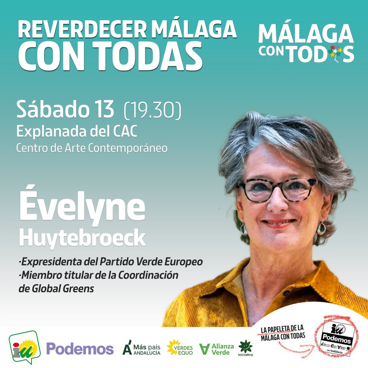 🌳 Reverdecer Málaga es una necesidad para poder combatir la crisis climática.

De esto nos hablarán esta tarde <a href="/EHuytebroeck/">Evelyne Huytebroeck</a>, de <a href="/europeangreens/">European Greens</a>, y miembros de la candidatura de <a href="/MalagaConTodas/">Málaga Con Todas</a>.

🗓️ 13 de mayo
🕢 19.30
🟢 Explanada del CAC

#ConAndalucía
#ConMálaga