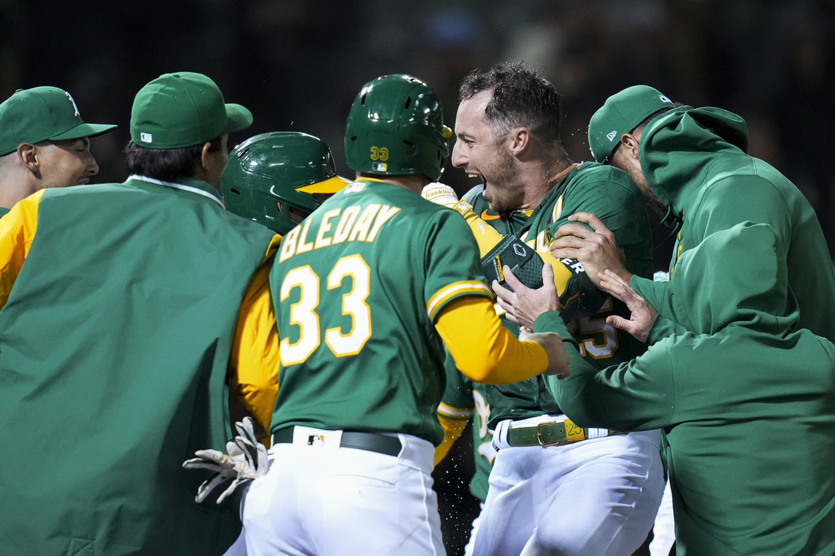 The <a href="/Athletics/">Athletics</a> and the <a href="/Rangers/">Texas Rangers</a> play in a baseball game in #Oakland, Calif., Friday, May 12, 2023. Athletics’s Brent Rooker hit a three-run home run during the 10th inning to defeat the Rangers 9-7. (<a href="/AP_Images/">AP Images</a> / Godofredo A. Vásquez)

#MLB #Beisbol #athletics  #photojournalism