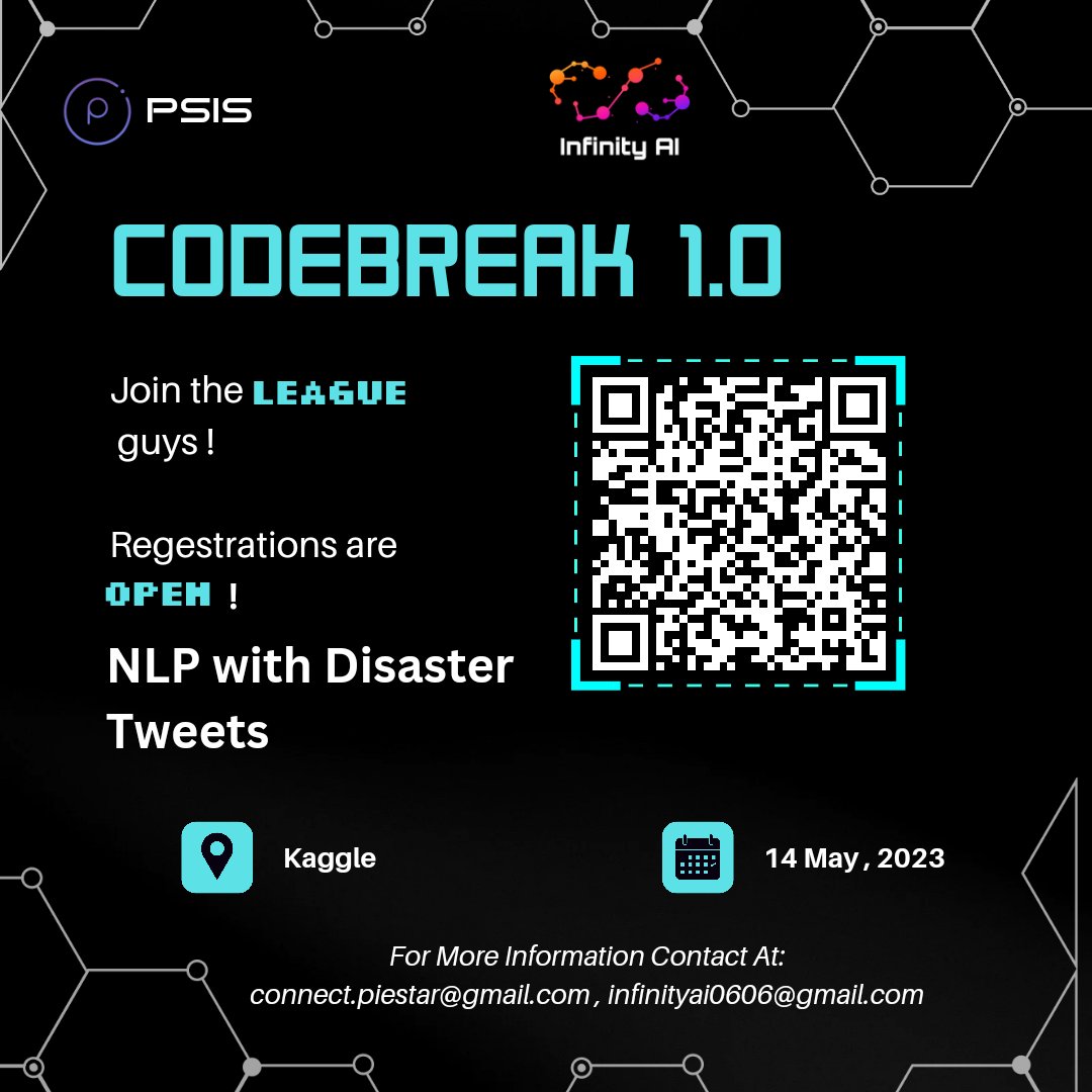 ConnectPiestar's tweet image. Buckle up Folks 
Your pathway to &amp;lt;Codebreak 1.0&amp;gt;🤓 is now open!! 🧑‍💻
Register now to ensure your seat before others 💡💻 

Registration link (NLP with Disaster Tweets) : kaggle.com/competitions/c…

#nlp #CODEBREAK
#python #Datathon #DataScience 
#PieStarInteractiveStudios #Kaggle