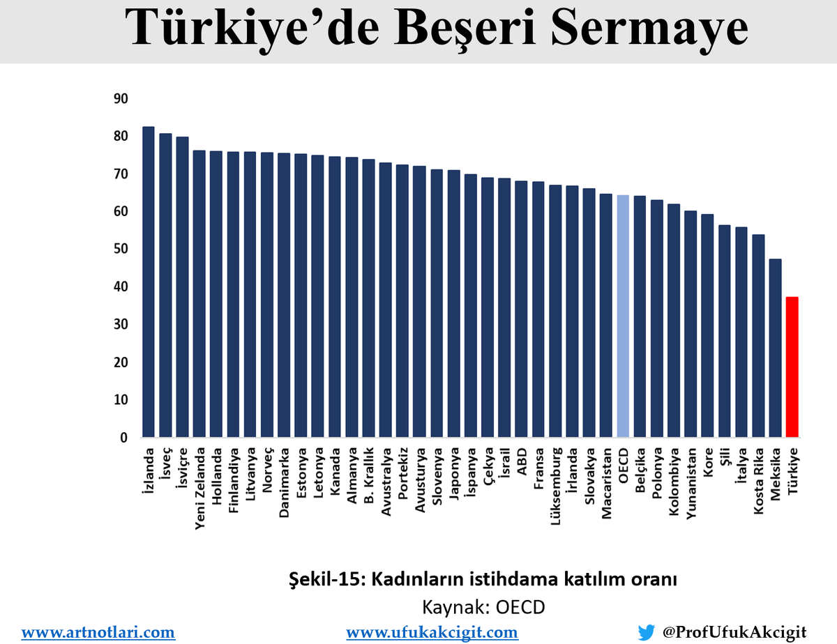 ProfUfukAkcigit's tweet photo. Türkiye'nin kaliteli ve kapsayıcı büyümesi sadece firmaları ile olamaz. Yetenek havuzu ve beşeri sermayesini de çok iyi kullanması gerekir. Örneğin kadınların işgücüne katılımının düşüklüğü (diğer sosyal sorunların yanında), zaten kısıtlı olan beşeri sermaye ve yetenek havuzumuzu iyi kullanmadığımızı gösteriyor. 

Çok çok basitleştirilmiş bir hesapla: İki ülkede de aynı miktarda üretim kaynakları olsa dahi, sırf bu katılım oranlarında ötürü, İsveç Türkiye'den her yıl ortalama iki kat daha fazla fikir ve teknoloji üretebilir.