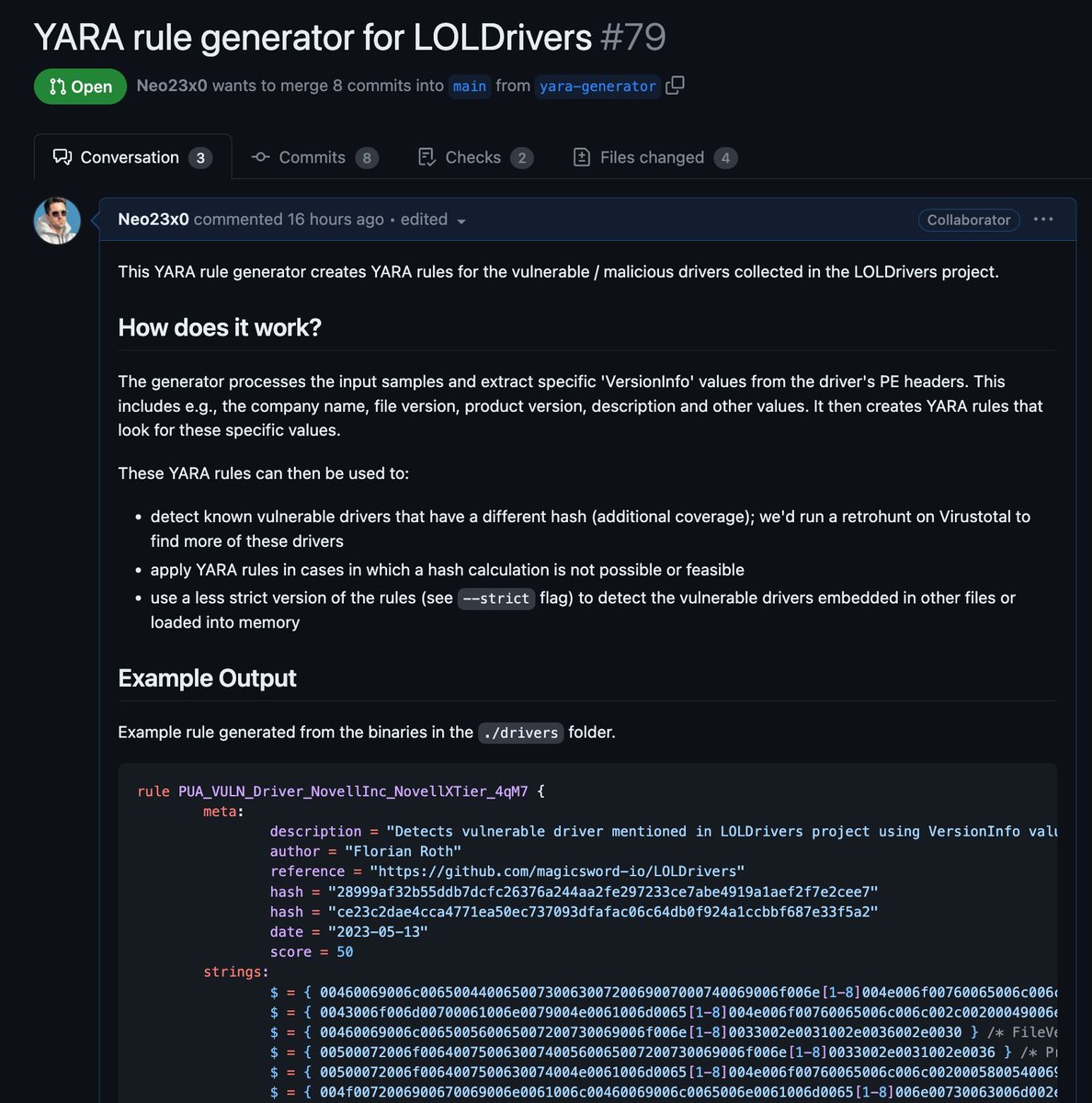 cyb3rops's tweet photo. - I've created a YARA rule generator for the #LOLDrivers project by @M_haggis @_josehelps @nas_bench 
- it auto-generated 290 rules
- they matched on 370 samples in a @virustotal retrohunt
- 273 hashes are yet unknown

Results
https://t.co/NGduy38w6z

PR
https://t.co/Ath3mkjcgM https://t.co/JexRrf0VNn
