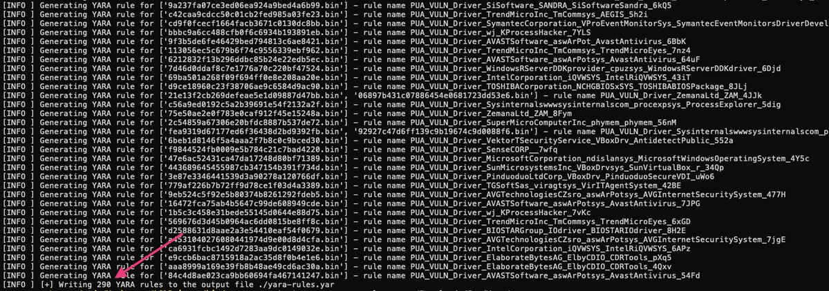 cyb3rops's tweet photo. - I've created a YARA rule generator for the #LOLDrivers project by @M_haggis @_josehelps @nas_bench 
- it auto-generated 290 rules
- they matched on 370 samples in a @virustotal retrohunt
- 273 hashes are yet unknown

Results
https://t.co/NGduy38w6z

PR
https://t.co/Ath3mkjcgM https://t.co/JexRrf0VNn