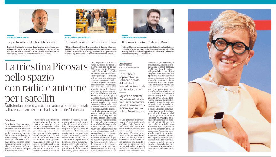 Su <a href="/il_piccolo/">Il Piccolo</a> la missione che porterà in orbita due tecnologie di Picosats, l’azienda nata come spin-off UniTS che si occupa di ricerca, sviluppo e commercializzazione di sistemi di telecomunicazioni all'avanguardia
 
Qui l’anteprima, l'intervista a  
<a href="/annagregorio_p/">Anna Gregorio</a> in edicola