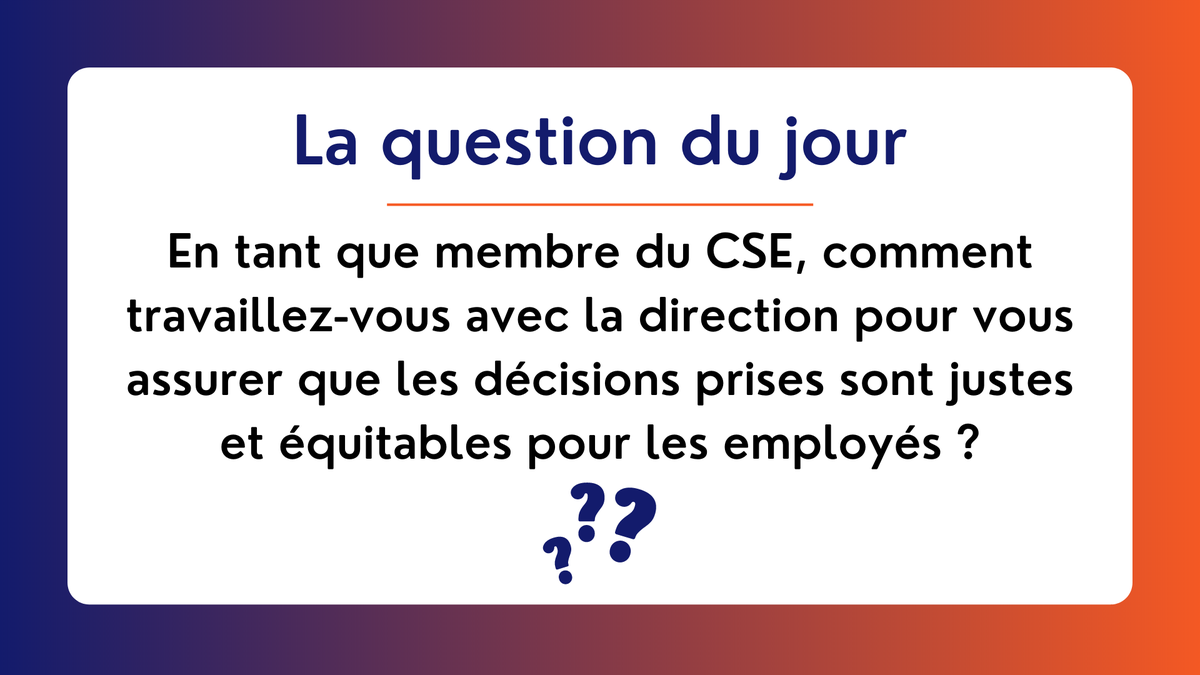 espace_CHSCT's tweet photo. Élus du CSE, la parole est à vous ! 🎤

La question à l’ordre du jour est : En tant que membre du CSE, comment travaillez-vous avec la direction pour vous assurer que les décisions prises sont justes et équitables pour les employés❓

N’hésitez pas à partager vos expériences 💬 https://t.co/bOGjkwxuZQ