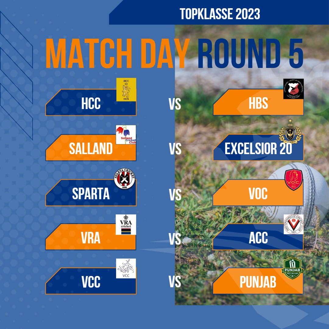 🟠Topklasse Round 5 
Three city derbies, The Hague, Rotterdam and Amsterdam. Nice weather, have a nice day. 
All matches start at 11AM. Come to the grounds or follow the action via the  mobile KNCB-app or matchcentre.kncb.nl/matches/ #teamnl #haveaniceday #joinourjourney #cricketnl