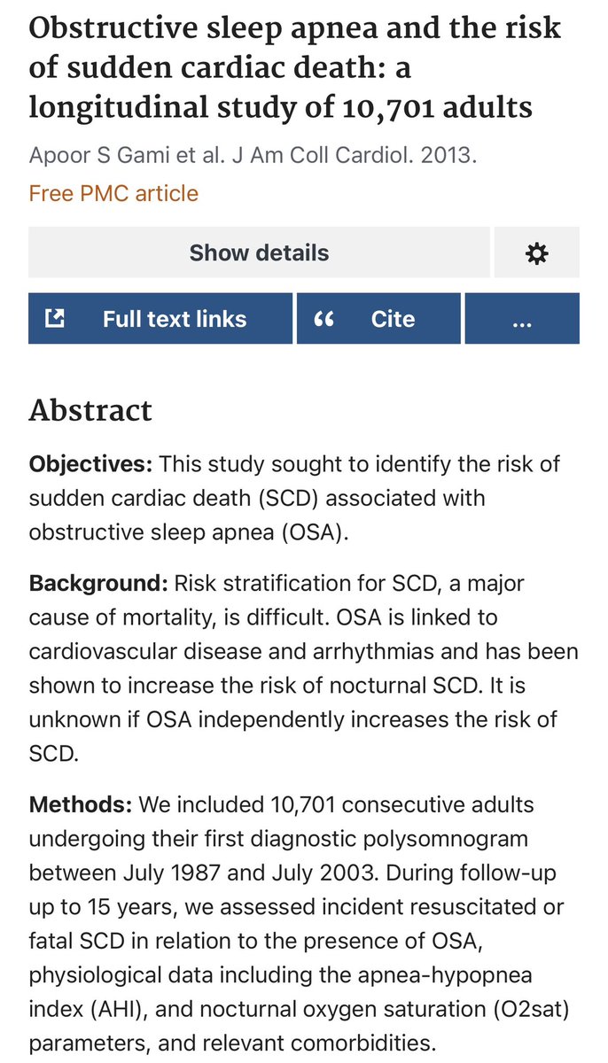 أحد أسباب الموت القلبي المفاجئ هو مرض الاختناق الليلي (Obstructive Sleep Apnea)  
 دراسة استمرت 5 سنوات شملت  11000 شخص، كان أولئك الذين يعانون من توقف التنفس أثناء النوم  (الإختناق الليلي) أكثر عرضة للوفاة القلبية المفاجئة.
 #عبدالكريم_عبدالقادر #صباح_الخير #غزة__ثأر_الأحرار