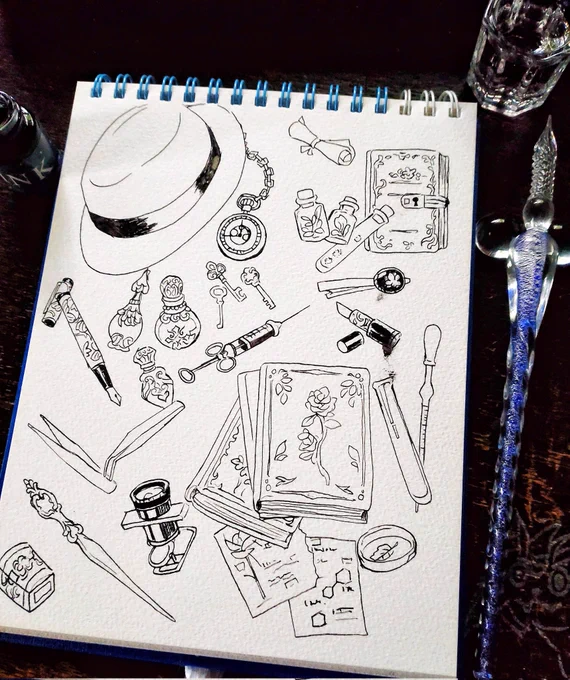 無惨様の「カバンの中身を見せて貰いました」的な絵
※硝子ペンで描いたから、乾いてないインクを掠れてしまった跡があります… 