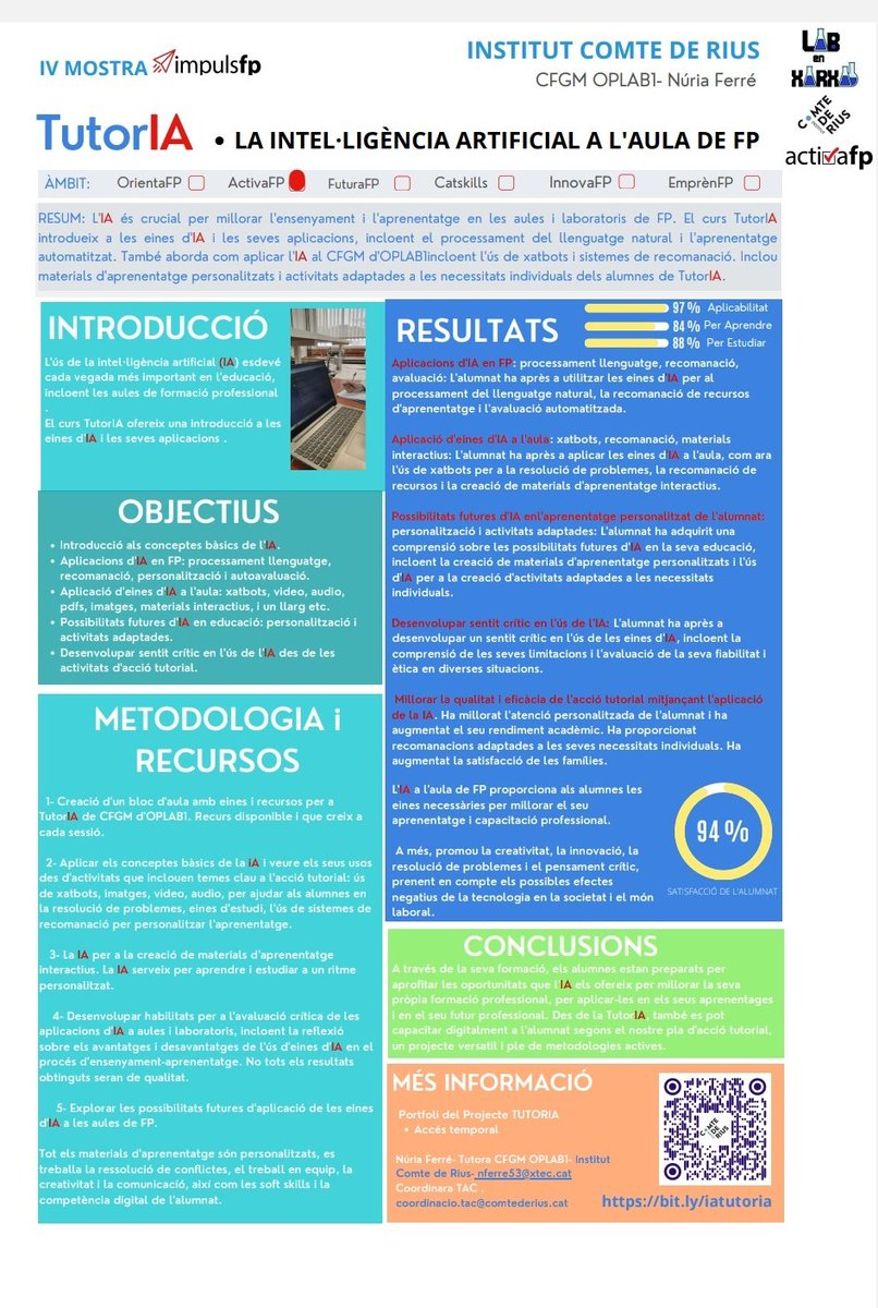 iaferre's tweet photo. Ho expliquem el dimarts vinent en dos roll-up a la Mostra @impulsfp , de la mà d'@ActivaFp 

Com l'apliquem al laboratori  amb #oplab de #quimica 👨‍🔬👩🏻‍🔬, però també en el projecte Tutor-IA, on la #IA és una eina d'assessorament i acompanyament personal  i professional

#fp https://t.co/BAyn0h7VG0