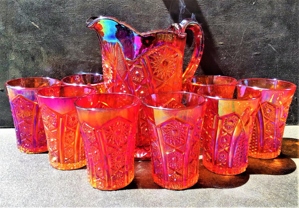 MarkMil61809222's tweet photo. Excited to share the latest addition to my #etsy shop: Vintage Heirloom Series Indiana Glass Sunset Red Carnival Glass Pitcher &amp; 8 Cups, Collectable Red Carnival Glass Jug with Tumblers https://t.co/tJbovWfU3p #red #orange #glass #vintageoldantique #carnivalglass #midc https://t.co/Glmng54zbD