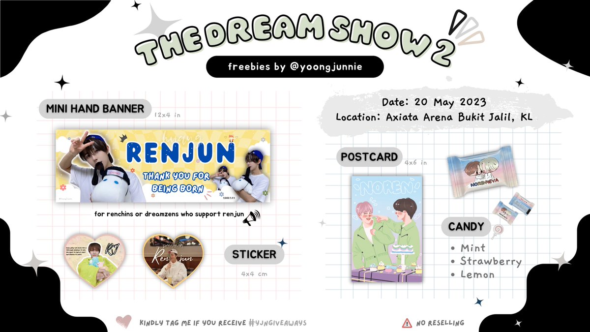 ꒰ #TDS2inKL FREEBIES꒱
♡ #yjngiveaways ♡

🗓 20 May 2023
📍 Axiata Arena Bukit Jalil, Kuala Lumpur
⏰ TBA 

for renchin 🦊
‧⁺ hand banner
‧⁺ sticker

for #noren shipper 🐶🦊
‧⁺ postcard
‧⁺ candy

💚 pls rt & like & show this tweet 
#THEDREAMSHOW2_in_KUALALUMPUR