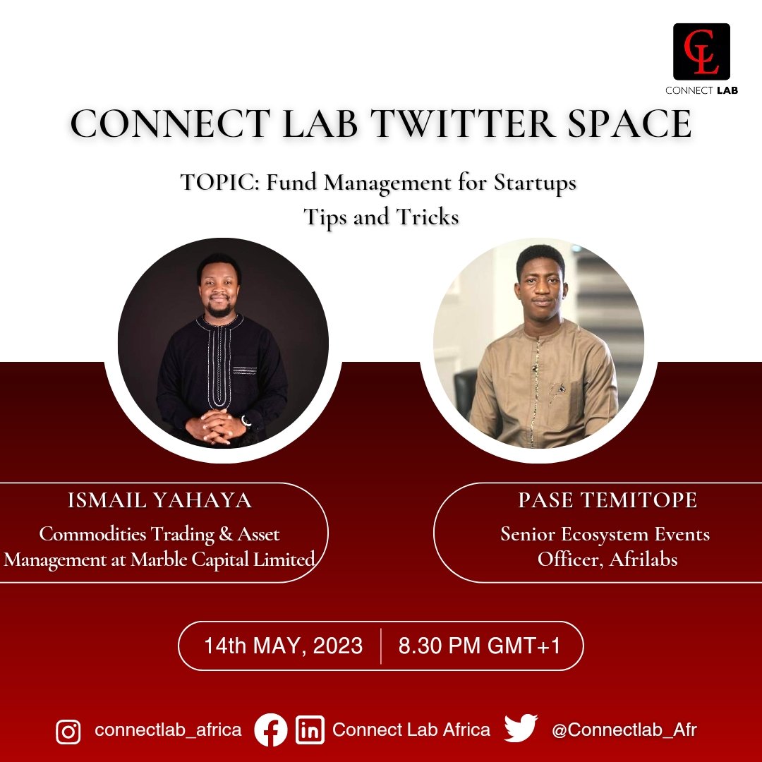 Connectlab_Afr's tweet photo. Hello! Looking for ways to keep your #startup afloat & avoid financial pitfalls? Join us tomorrow, May 14th at 8:30 pm on Connect Lab's Twitter Space! We'll be sharing valuable #tips & tricks to #help #youngstartups make smarter financial decisions.
#startup #viral #foryou #trend https://t.co/YY3W19DfSV