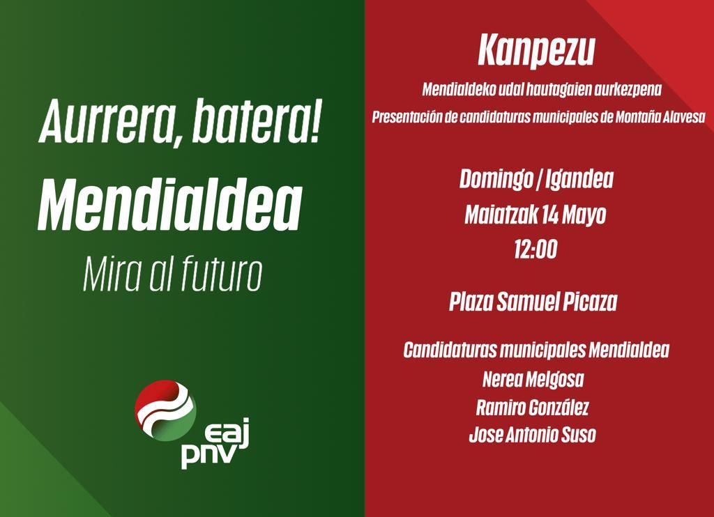 ArraiaEajPnv's tweet image. 🟢⚪🔴 Mitina #Kanpezu 🟢⚪🔴

🗓️ Igandea/Domingo - Maiatzak 14 Mayo
⌚ 12:00
📍Samuel Pikaza Plaza

🎙️Nerea Melgosa @nmelg 
🎤 Jose Antonio Suso @jsuso 
🎙️ Ramiro González @ramirogonza 

MENDIALDEA AURRERA!!

#AurreraBatera #MiraAlFuturo 
@eajpnv @eajpnvaraba