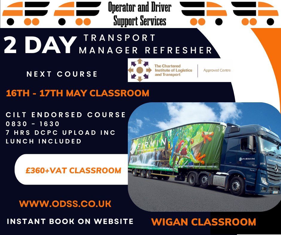 Book now for 2 day CILT Endorsed Transport Manager Refresher covering all the latest updates including changes in legislation from the last couple of weeks. odss.co.uk/product/classr… #transport #transportmanager