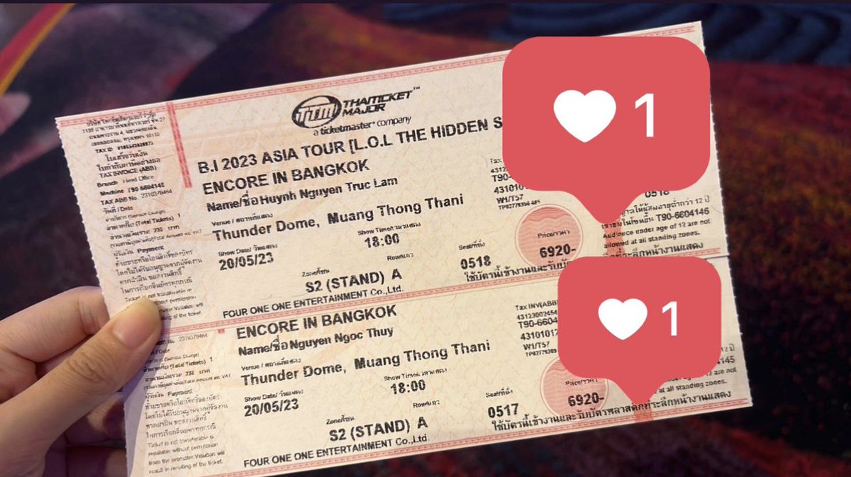 WTS ‼️ 
2 tickets S2 pass included
👉🏻 soundcheck
👉🏻 group photo
👉🏻 goodbye session
👉🏻 official poster
reduced from original price to 6850 further reduced to 6750 if anyone takes 2 tickets I sell for 13k3 dm for deal more🥰
#BI_LOLTheHiddenStageinBKK 
 #BI_LOLTheHiddenStage_ENCORE