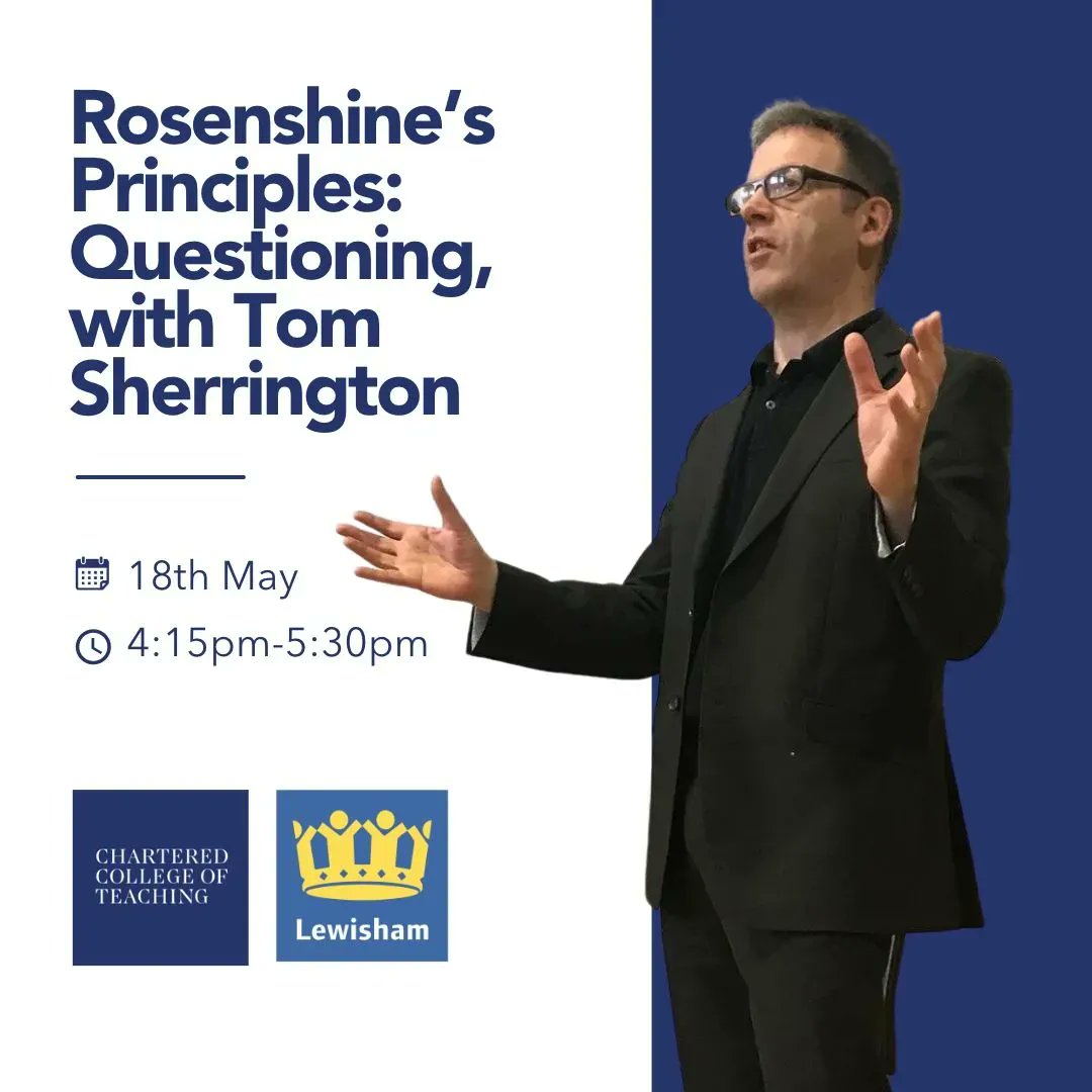 Next Thursday, join education consultant and author, <a href="/teacherhead/">Tom Sherrington</a> for a CPD session on Roshenshine's Principles: Questioning. 

Sign up here: buff.ly/3VV68LD

#Rosenshine