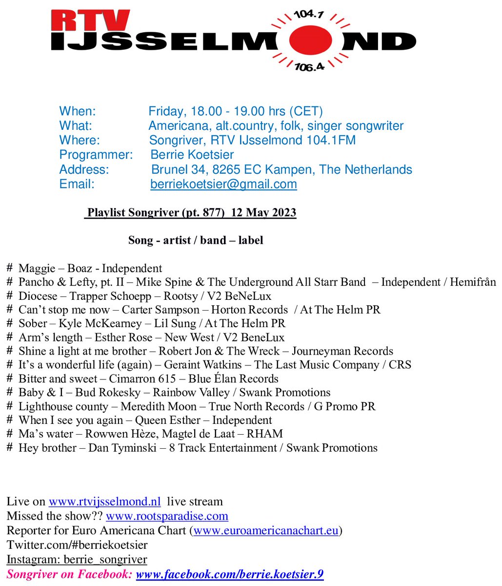 Songriver, S19E19, now online rootsparadise.com/river/index.php with contribs of @trapperschoepp @AtTheHelmPR
@CarterSampson @HortonRecordsOK @estherrose
@Rjandthewreck @contrecservices @cimarron615
@blueelanrecords @BudRokesky @queenesther
@RowwenHeze @DanTyminski