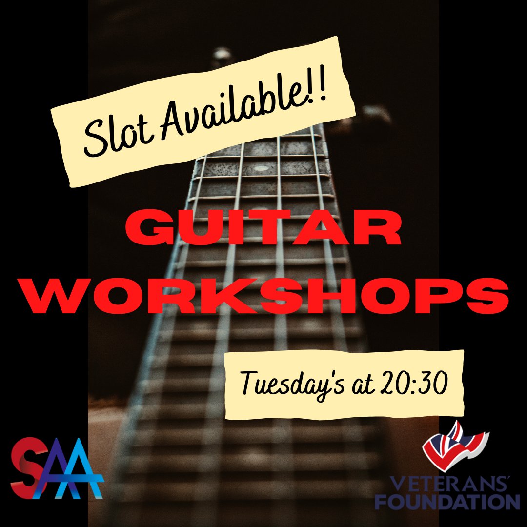 SoldiersArtsA's tweet photo. We have a guitar slot available at 20:30 every Tuesday! This session is 30 minutes long as it a one to one lesson with the wonderful, Gary McAleer. All abilities welcome!

To book contact:
info@soldiersartsacademy.com

#guitar #guitarlessons #veterans #music #1to1 https://t.co/fcwXoos1y7