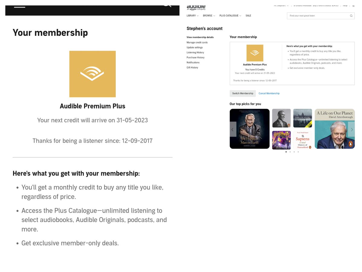 Steef_Reid's tweet photo. @audible_com it is unethical that you can't cancel membership using mobile view. Pic is same page on mobile vs desktop view https://t.co/NMKqSZd5lp