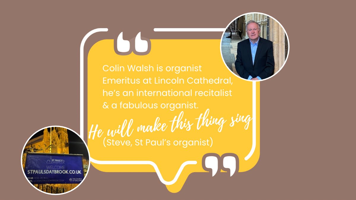 Now just a week away from welcoming Dr Colin Walsh to #Daybrook for an #organmusic recital on our treasured 125 year old parish #churchorgan Still time to get your ticket bit.ly/3L3QgBr & we look forward to welcoming everyone @LincsCathedral @GedlingEye @diocswellnott