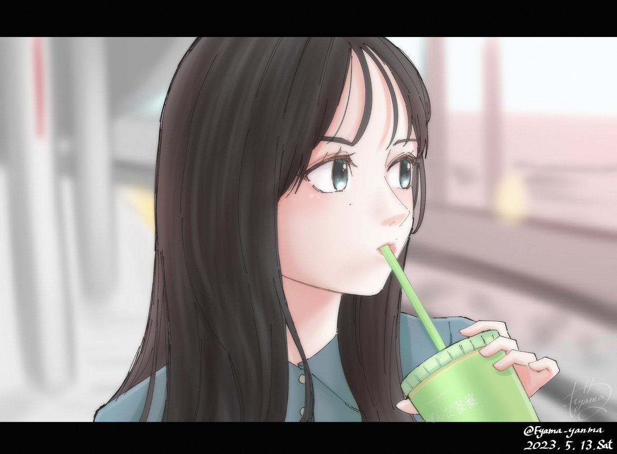 1girl solo letterboxed drinking straw long hair black hair drinking  illustration images