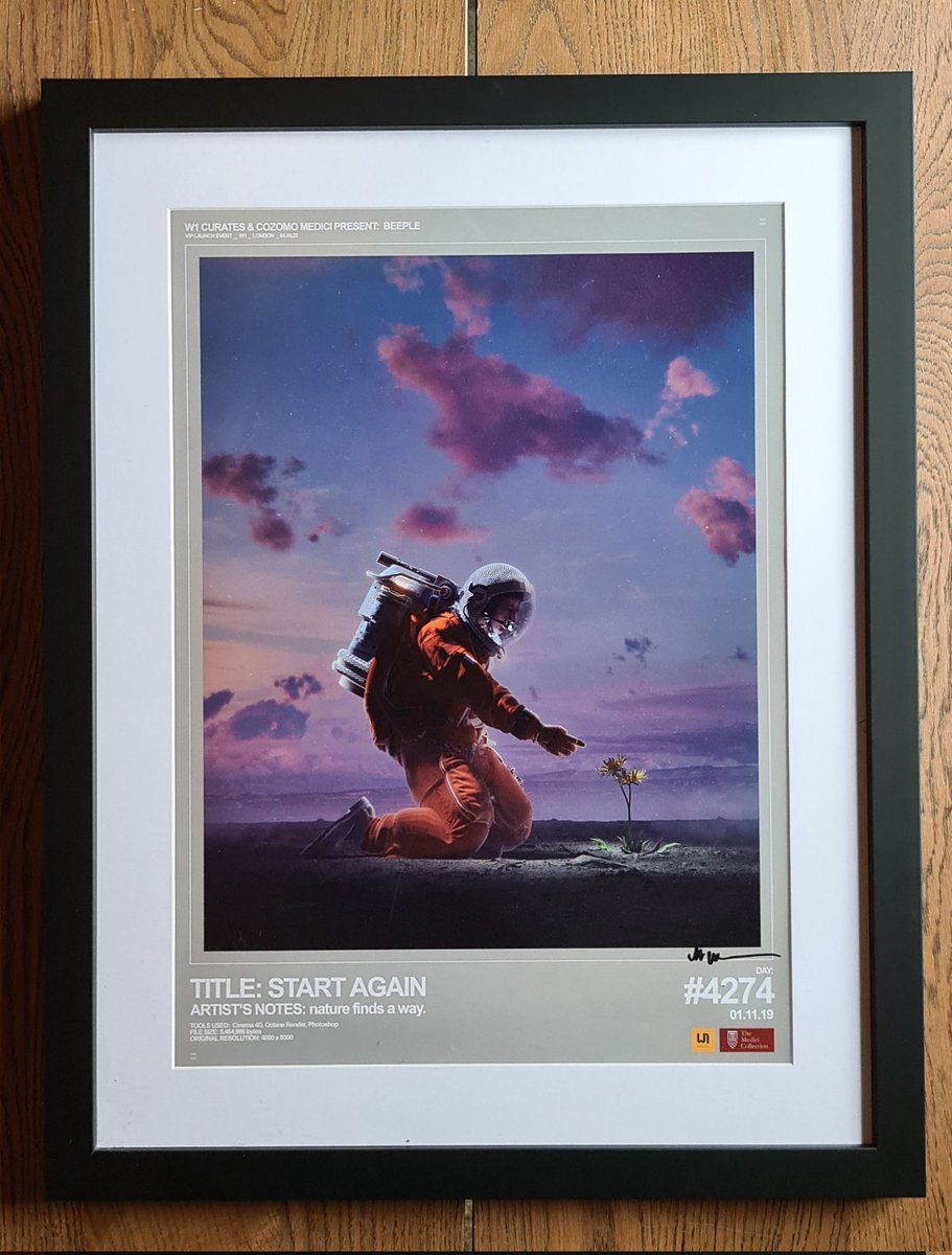 Cru5hedNFT's tweet photo. Seemed very odd 'physical' framing a digital artwork print - but could not resist - this one is signed by @beeple himself. Very kindly sent to us by the patrons of the digital arts @CozomoMedici @GBMedici, thankyou sers! 🍷 #beeple #NFT https://t.co/nqfjRcAsxU