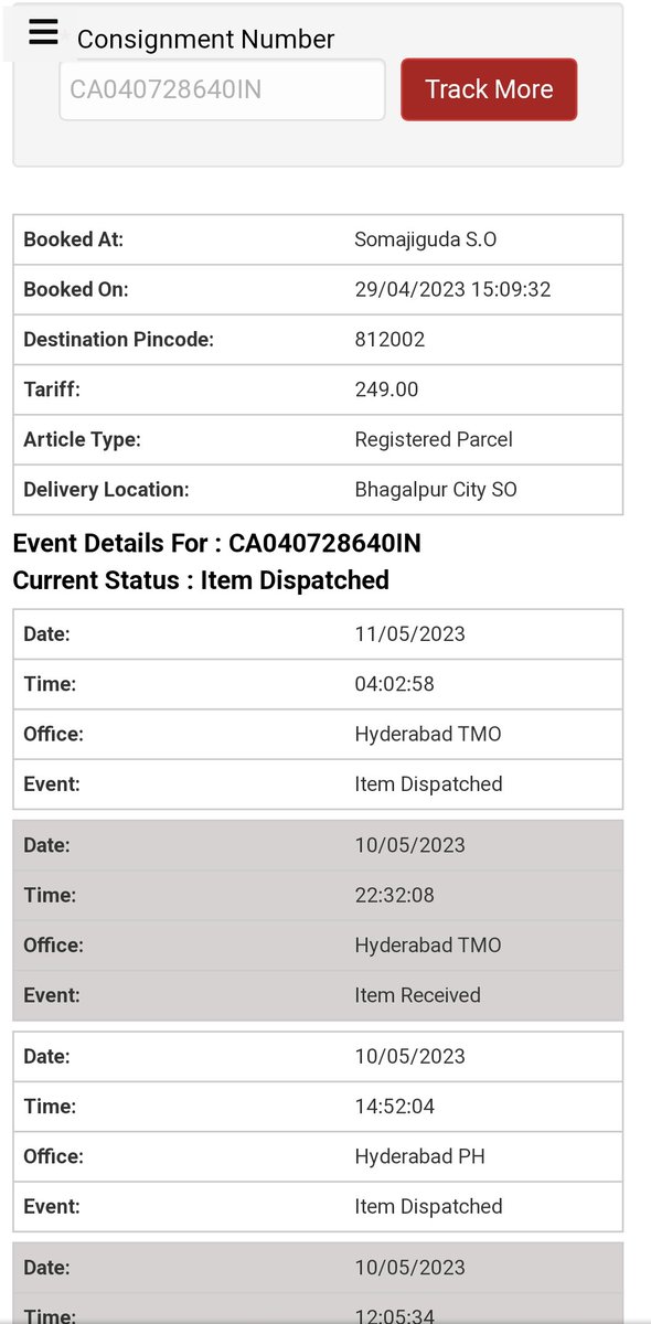 rj_fbird's tweet photo. @IndiaPostOffice Registered post from Hyd to Bhagalpur booked on April 29, 2023 is still loitering somewhere around Hyderabad, after having travelled Bhubaneshwar/ Patna/Kolkata/Nagpur. Kindly look into and update on a priority basis https://t.co/urpG0Zmx8j