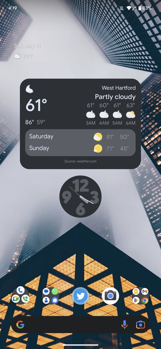 DomHew's tweet photo. @MichaelBTech Launcher: Pixel Launcher
Wallpaper: System wallpaper from Google
Icons: default
Widget: Google Weather, Clock, At A Glance widgets https://t.co/xhh4S8zqYP