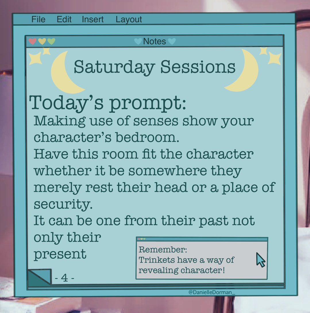 Happy Weekend! 

Setting is a great thing to practice with and bedrooms can indicate a lot about characters. Are they cluttered, orderly or lack sentimental attachment? 

#writingprompts #creativewriting #saturdaysessions #writingexercise #WritingCommmunity