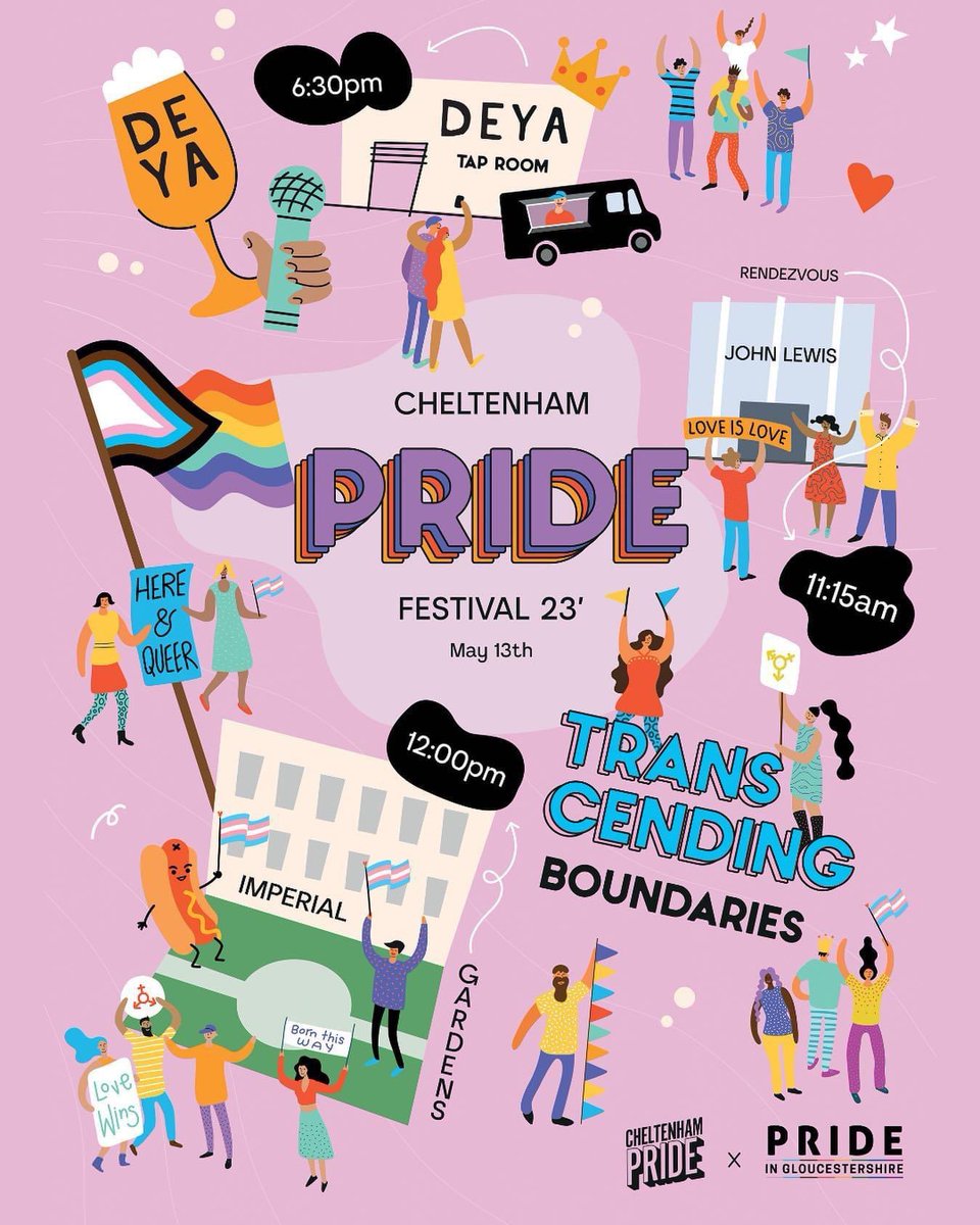 The big day is finally here - <a href="/CheltenhamPride/">Cheltenham Pride</a>! 🏳️‍🌈

Celebrate &amp; champion the LGBTQ+ community of our beloved town. 

👯Parade: 11.15am meet at John Lewis 
🪩 Imperial Gardens party: 12pm
🎉Party: 6:30pm <a href="/deyabrewery/">DEYA</a> (ticketed event)

Will we see you there? 
#CheltenhamPride