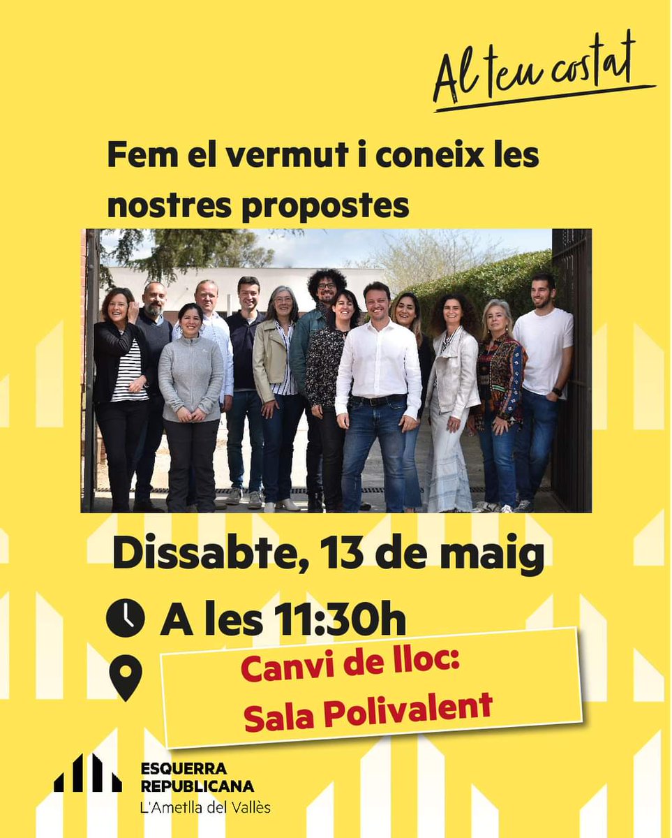 ERCAmetllaV's tweet photo. L'acte d'inici de campanya el farem a la Sala Polivalent per la possibilitat de pluja!

📍 Nova ubicació: SALA POLIVALENT

Ens veiem en una estona!

#AmetlladelVallès

#SeguimAlTeuCostat #Útils #Municipals28M https://t.co/y9oa9NRHEN