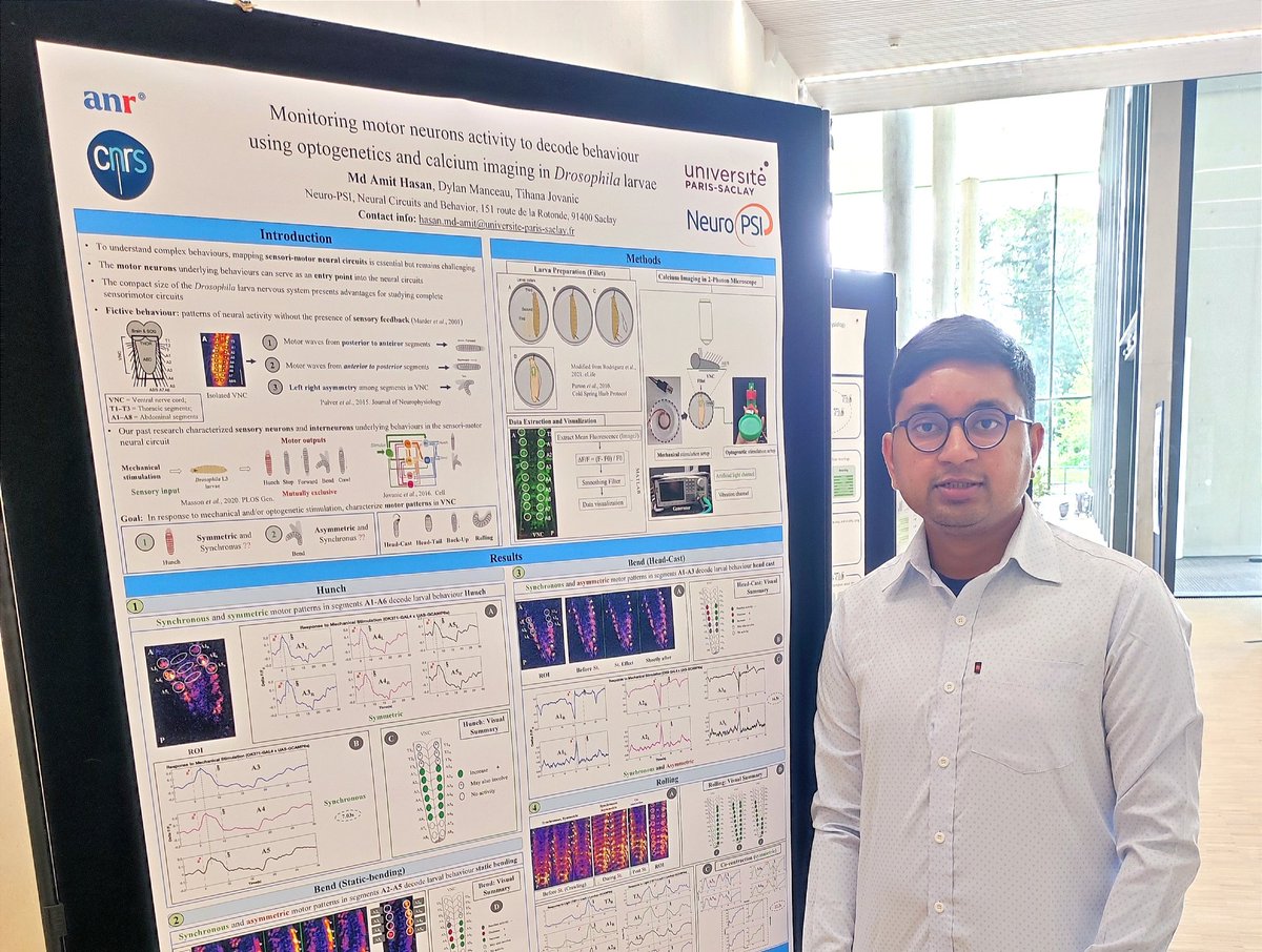Amit_Hasan_97's tweet photo. From @Tihanana's lab, I presented my work at @NeuroPSI_saclay, on how motor neurons decode the various behavior of Drosophila larva.
Meeting people like Michael Rosbash, Gero Miesenbock and @StanDehaene was something beyond my imagination. #OpenNeuroPSI https://t.co/WPjsTB1kej