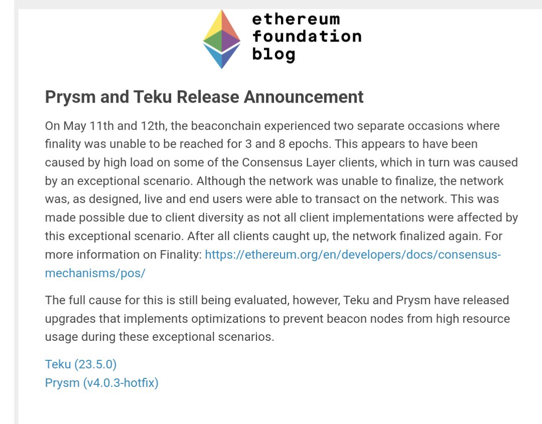 We can start putting this loss of finality issue behind us, @Teku_ConsenSys  and @prylabs have deployed fixes that will prevent the attestation  flooding. This is one step on our diversity & decentralization