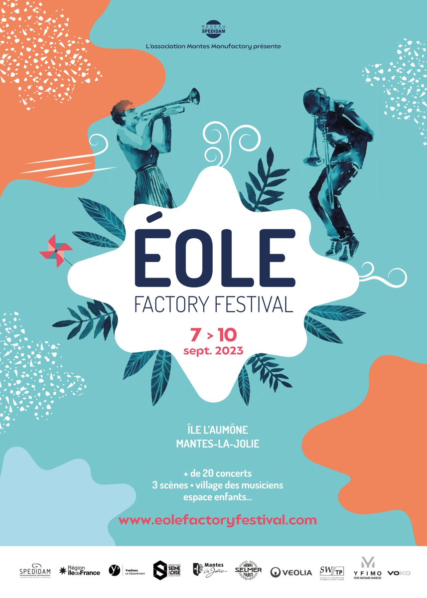 📷 AFFICHE 2023 📷
Nous sommes heureux de vous dévoiler la belle affiche de l'édition 2023 d' Eole Factory Festival, concoctée par Catherine Potier !
On se retrouve du 7 au 10 septembre, sur l'Île l'Aumône à #manteslajolie (78)
On vous prépare de belles surprises, stay tuned 📷