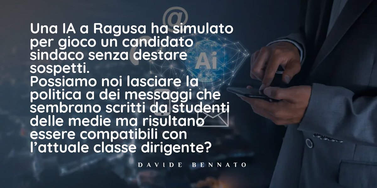 Se il @testdiTuring venisse applicato al mondo della politica, sarebbe possibile distinguere un candidato sindaco umano da uno simulato dall #intelligenzaartificiale? Forse no.
agendadigitale.eu/cultura-digita…