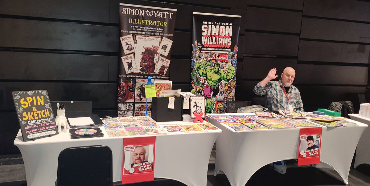 All set up and raring to go at the Swansea Comic and Gaming Convention with my Soul-Bro Simon Williams.

#bringiton #spinandsketch #comiccon #swyattart @The_SCGC