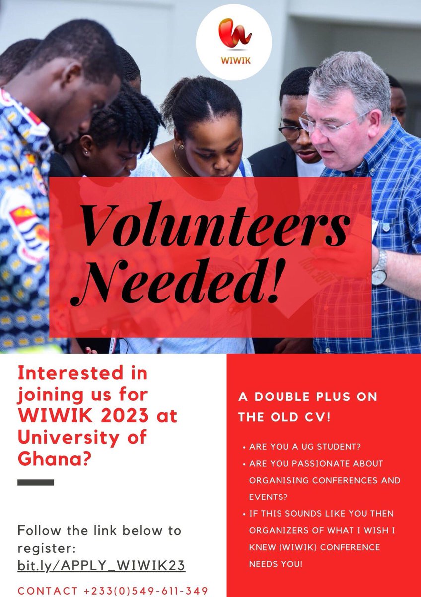 VOLUNTEER RECRUITMENT‼️

We are inviting applications from dedicated individuals who are interested in joining us for WIWIK 2023 at the @UnivofGh.

Qualified candidates can apply via the link below:
👇
bit.ly/APPLY_WIWIK23
#WIWIK2023
#SomewhereinJuly
#HumanCapitalDevelopment