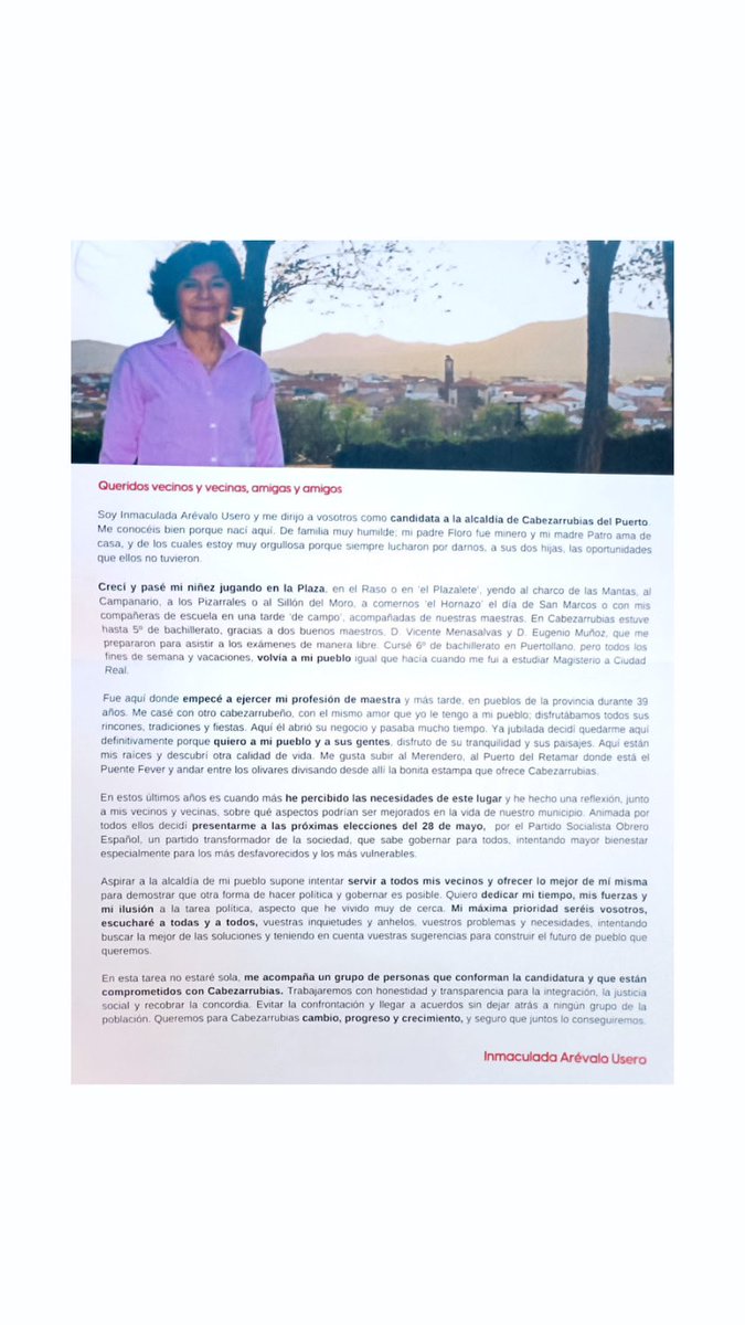PSOECDP's tweet photo. Inmaculada Arévalo, SÍ es nuestra candidata a la alcaldía de Cabezarrubias del Puerto por el Partido Socialista Obrero Español.

Inmaculada Arévalo es NACIDA en el PUEBLO, ES del PUEBLO y VIVE en el PUEBLO.

¡¡Nos conoce!! ¡¡Os conoce!!

ILUSIÓN y CAMBIO ❤️🌹

#VOTAPSOE https://t.co/eCFWt62GgS