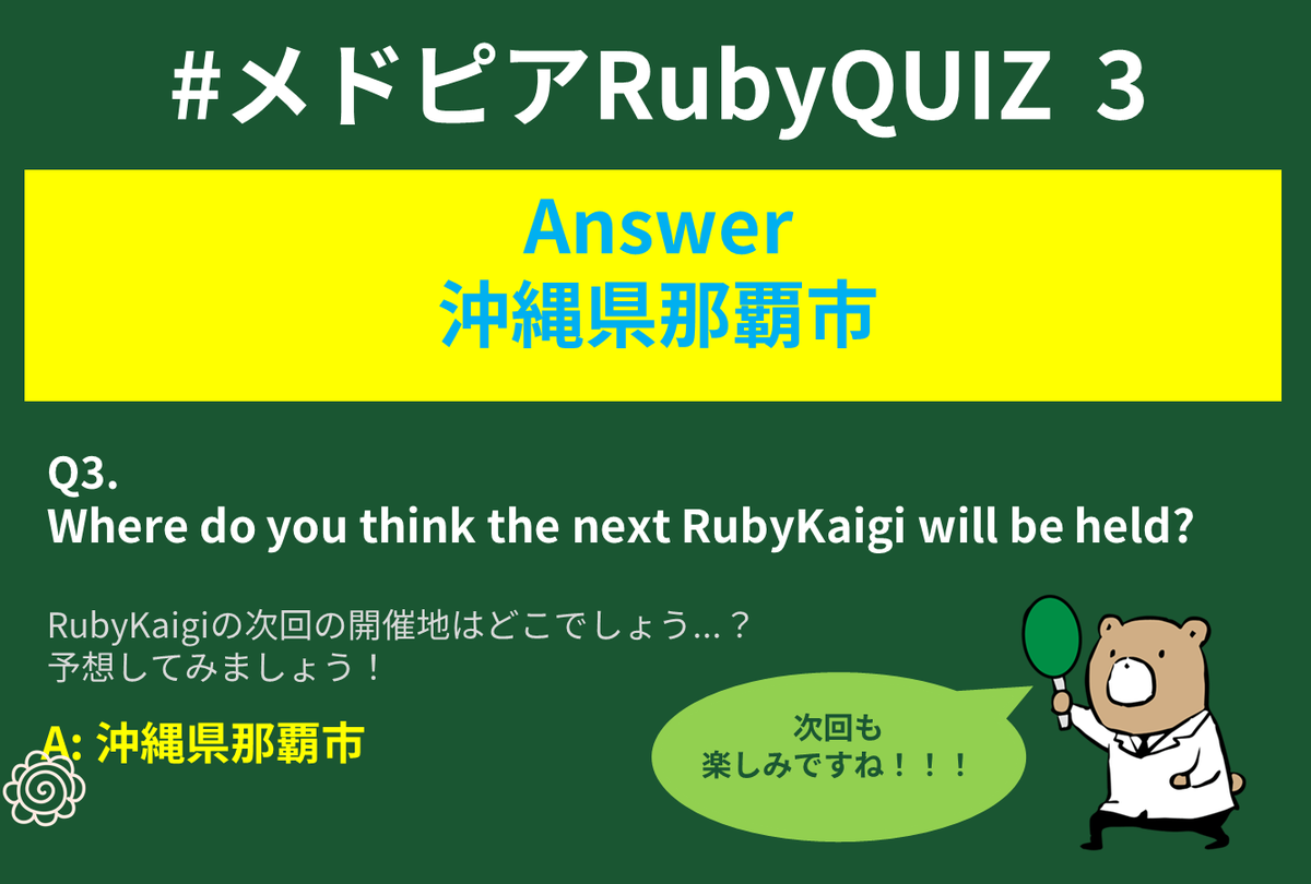 MedPeer_R's tweet photo. ＼#RubyKaigi 2023 #メドピアRubyQUIZ／
🧑‍🏫Q3の正解発表🧑‍🏫

次回の開催地は

＞＞＞沖縄県那覇市＜＜＜

です👏👏👏
皆さんの予想は当たりましたか？

（問題文と解説は画像へ📸）

#RubyKaigi2023 もお疲れさまでした！
#RubyKaigi2024 も楽しみですね🤗
#メドピア https://t.co/4MA4itfDtn