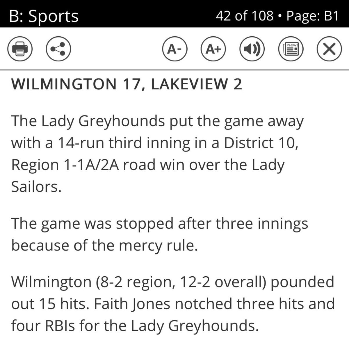 Wilmington_SB's tweet photo. ππ₯πA huge shout out to fr. Kyla Baney for her 1st Varsity hit & RBI in the teamβs 17-2 win over Lakeview! We may have seen a record with 3 intentional walks & a 4 pitch walk in her 4th AB for sr. @3PaijePeterson in the same game! Great team win ladies. #HoundsAsOne https://t.co/6tzejFqGH2