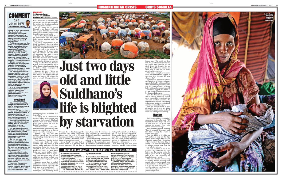 Somalia is in the grip of a deadly hunger crisis fuelled by climate change, with half the population facing food shortages. Baby Suldhano’s mother is too weak to produce milk and feeds her sugar water. ✍🏼 My report from IDP camps in Baidoa with <a href="/SaveChildrenSO/">Save the Children in Somalia</a>