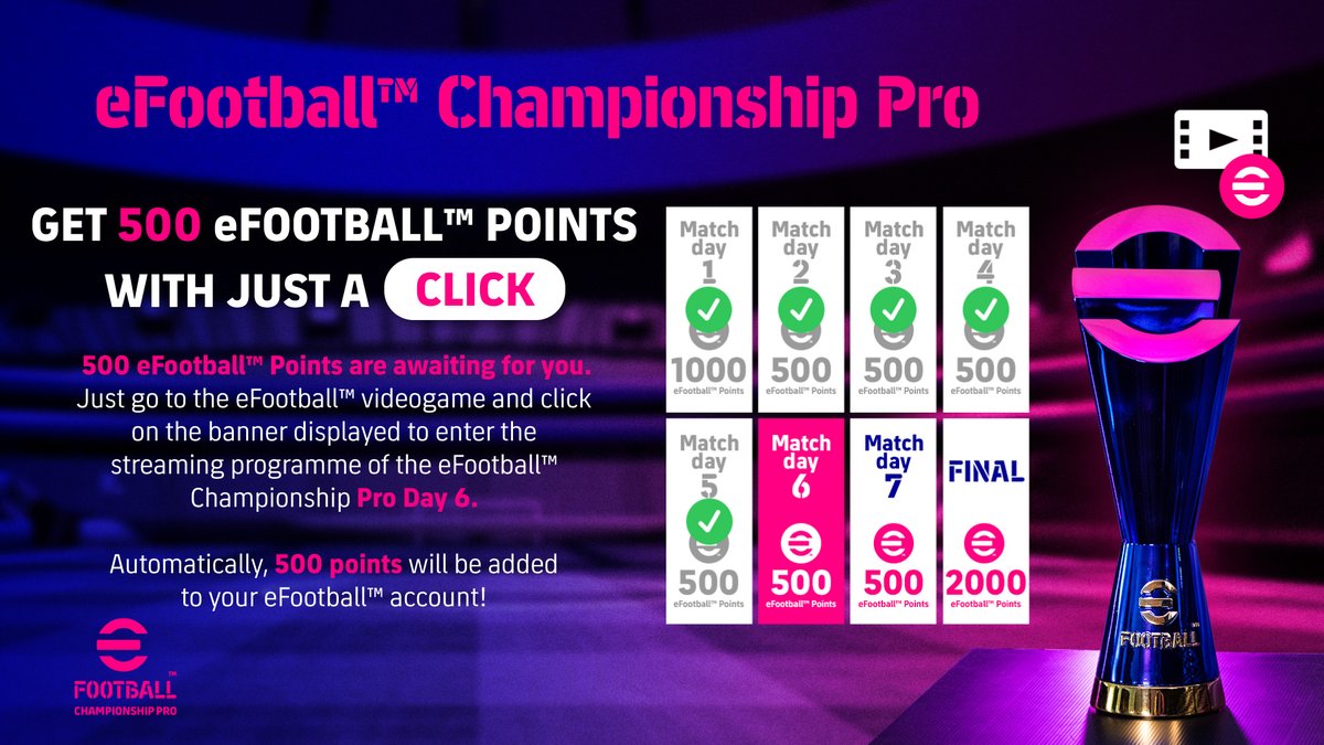 500 eFootball™ points more! We keep on giving you shows and prizes🎁

Just access the stream from the game today at 13:00 CEST and collect your reward!

#eFootball #eFootballChampionshipPro