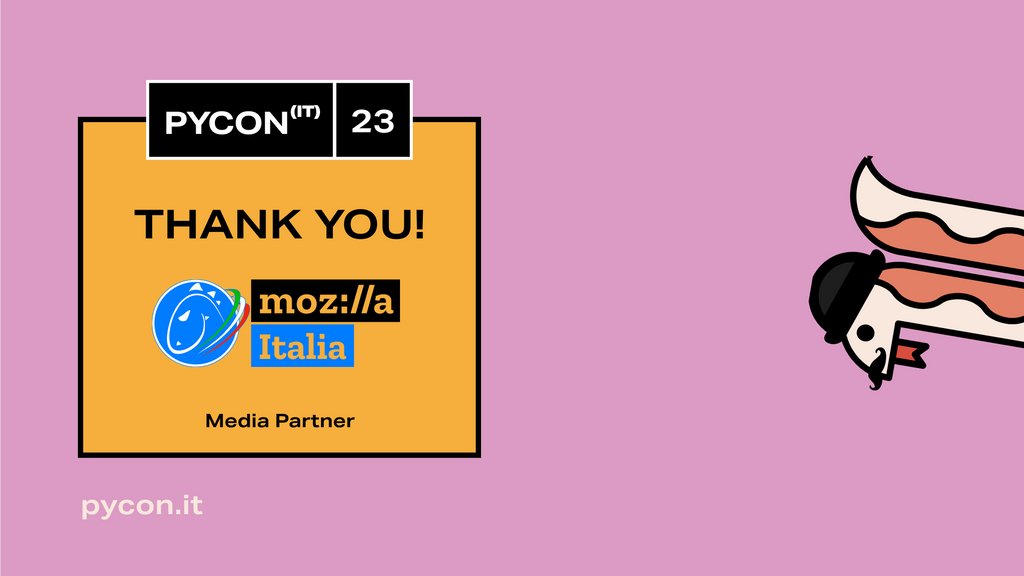 Huge thanks to <a href="/mozillaitalia/">Mozilla Italia</a> for their support of #PyConIT2023 as a Media partner! 🤝

Mozilla Italia is the italian community that brings together italian Mozilla volunteers, users and supporters  🙌 

For more details:
mozillaitalia.org

#community #partner #pyconit