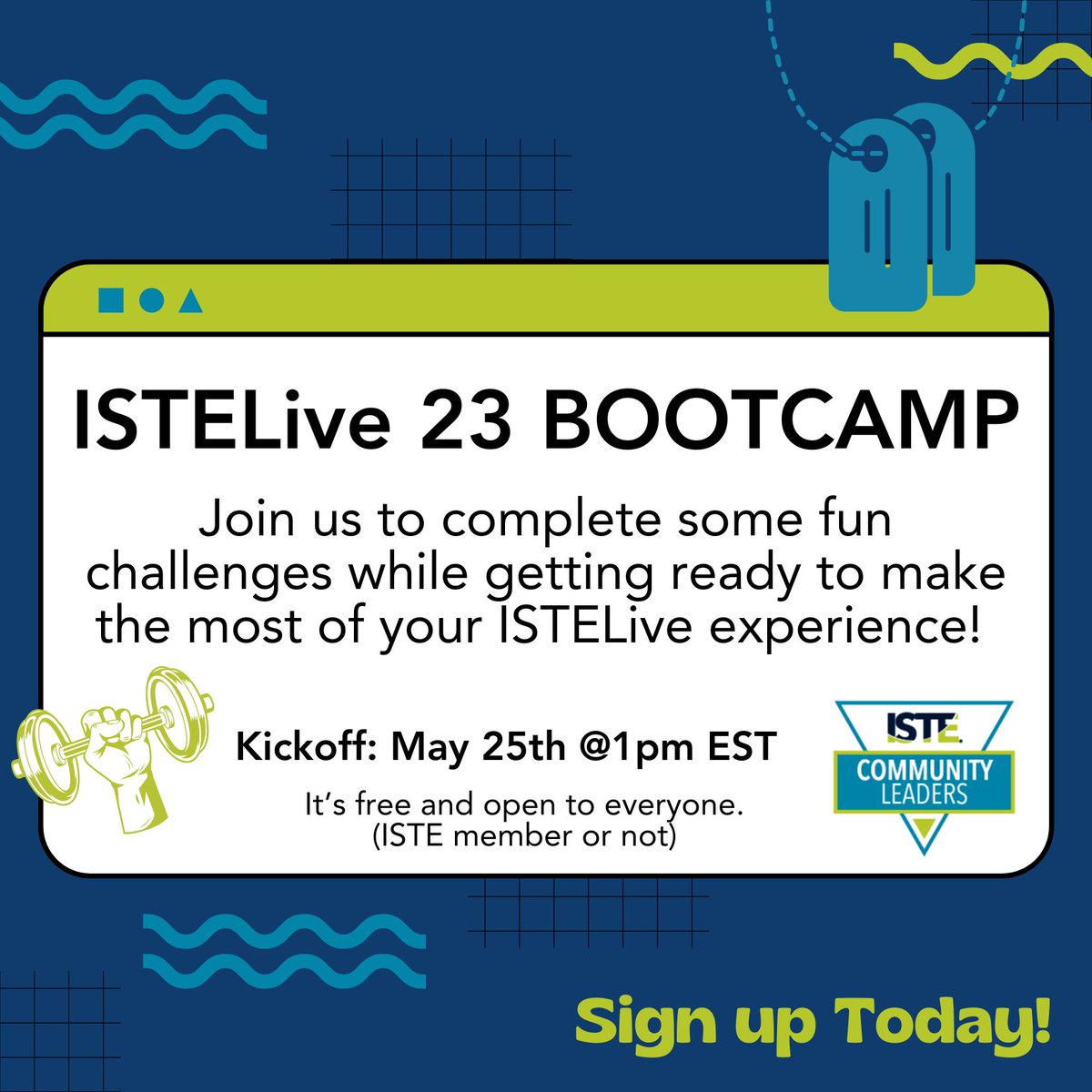 Join the ISTELive 23 Bootcamp for free! Asynchronous physical, mental, and social challenges to help educators prepare for the conference.#ISTELive #ISTEChat @ISTEOfficial @ISTECommunity  @gret 
Sign up today! 🔗bit.ly/ISTEBootcamp