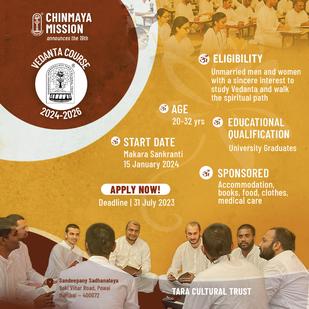 ciftweets's tweet photo. If you are a spiritually inclined, unmarried graduate between 20-32 years of age and looking to learn the timeless principles of life, this course is the obvious next step for you. https://t.co/Pb6BlaFsCN
#ChinmayaMission #VedantaCourse #AdvaitaVedanta #Vedanta https://t.co/2zFeO5SwUc